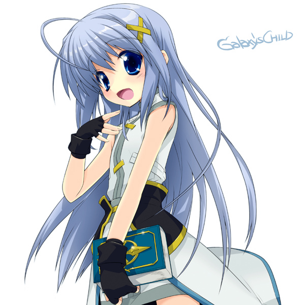 gotou nao, book of the azure sky, reinforce zwei, lyrical nanoha, mahou shoujo lyrical nanoha, mahou shoujo lyrical nanoha strikers, silver hair, 00s, 1girl, :d, ahoge, black gloves, blue eyes, blush, book, female focus, gloves, gota nao, hair ornament, holding, holding book, long hair, looking at viewer, magical girl, open mouth, smile, solo, tareme, very long hair, x hair ornament