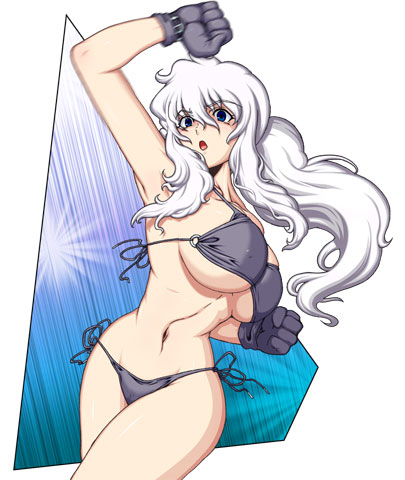 caryo, tabigarasu, lowres, 1girl, armpits, bikini, breasts, female focus, gloves, huge breasts, large breasts, side-tie bikini bottom, solo, swimsuit, white hair