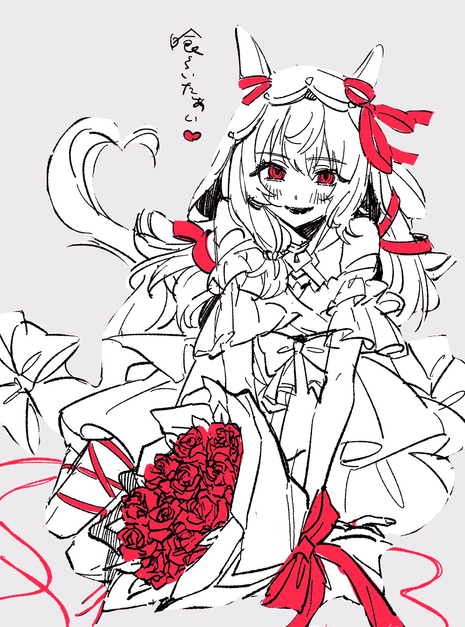 enu (brandnewday02), still in love (umamusume), umamusume, commentary request, highres, 1girl, animal ears, bare shoulders, blush, bouquet, bow, double-parted bangs, dress, ear ribbon, flower, full body, grey background, halterneck, heart, holding, holding bouquet, horse ears, horse girl, long hair, monochrome, on ground, open mouth, red bow, red eyes, red flower, red ribbon, ribbon, smile, solo, spot color, string, string of fate, veil