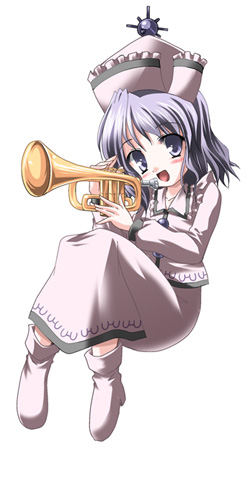 subaru noji, merlin prismriver, touhou, lowres, 1girl, chibi, female focus, full body, hat, instrument, purple eyes, purple hair, short hair, simple background, solo, trumpet