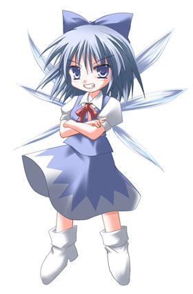 subaru noji, cirno, embodiment of scarlet devil, touhou, lowres, 1girl, adapted costume, bow, chibi, female focus, simple background, smile, solo, white background