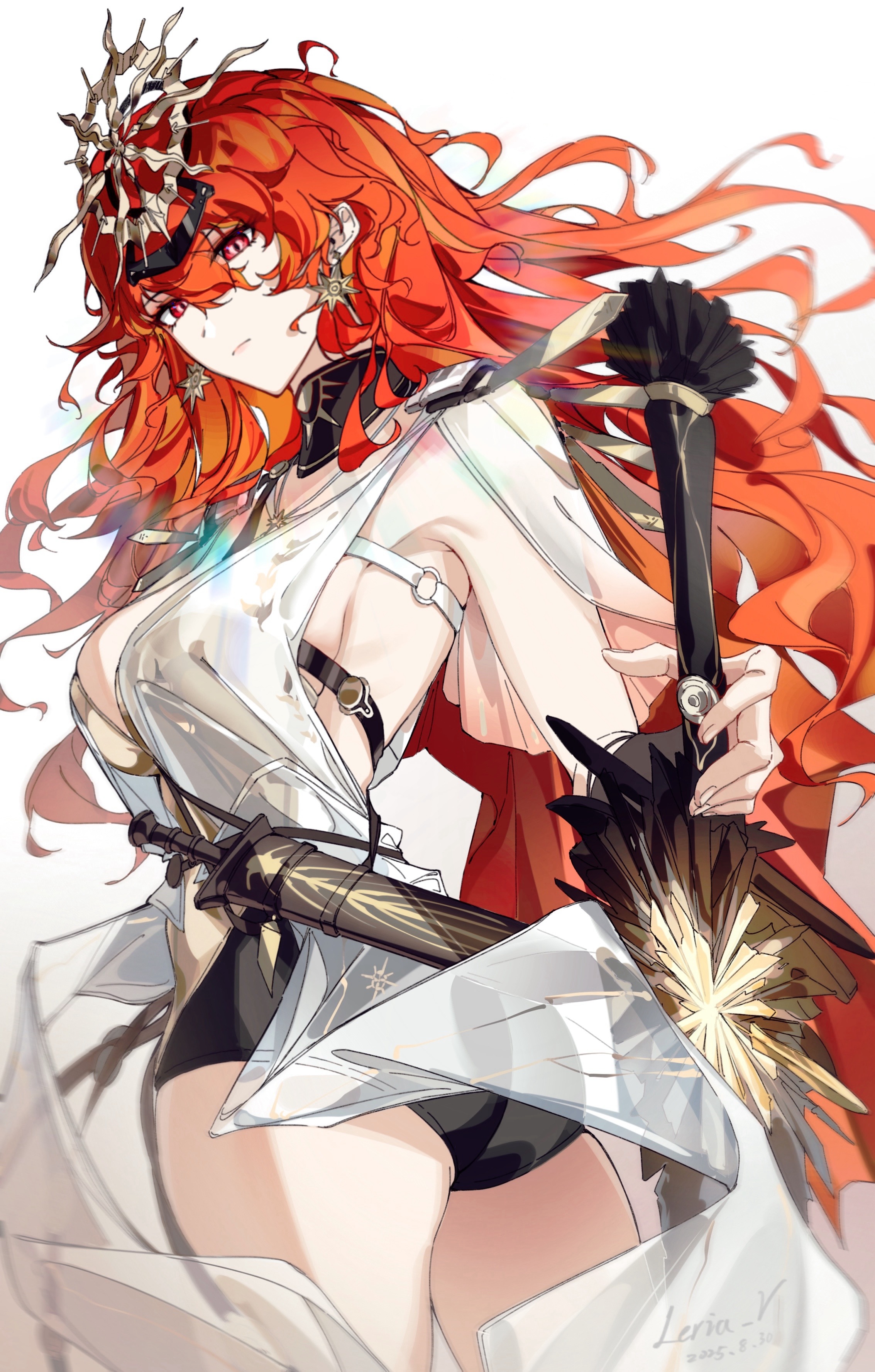leria v, augusta (wuthering waves), wuthering waves, absurdres, commentary, highres, 1girl, ancient greek clothes, armor, ass, black collar, black panties, breastplate, breasts, closed mouth, collar, colored inner hair, cowboy shot, dated, dress, earrings, greatsword, greco-roman clothes, hair between eyes, headgear, holding, holding sword, holding weapon, jewelry, large breasts, long hair, looking at viewer, multicolored hair, orange hair, panties, red eyes, signature, simple background, solo, sun earrings, sword, thighs, twisted torso, underwear, very long hair, weapon, white background, white dress