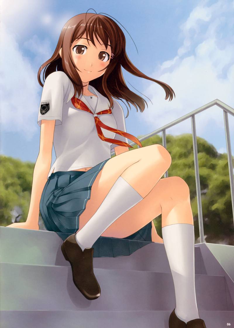 hoshino yuumi, kimi kiss, duplicate, 1girl, blouse, day, female focus, kneehighs, outdoors, school uniform, serafuku, shirt, sitting, sitting on stairs, socks, solo, stairs, white shirt, white socks