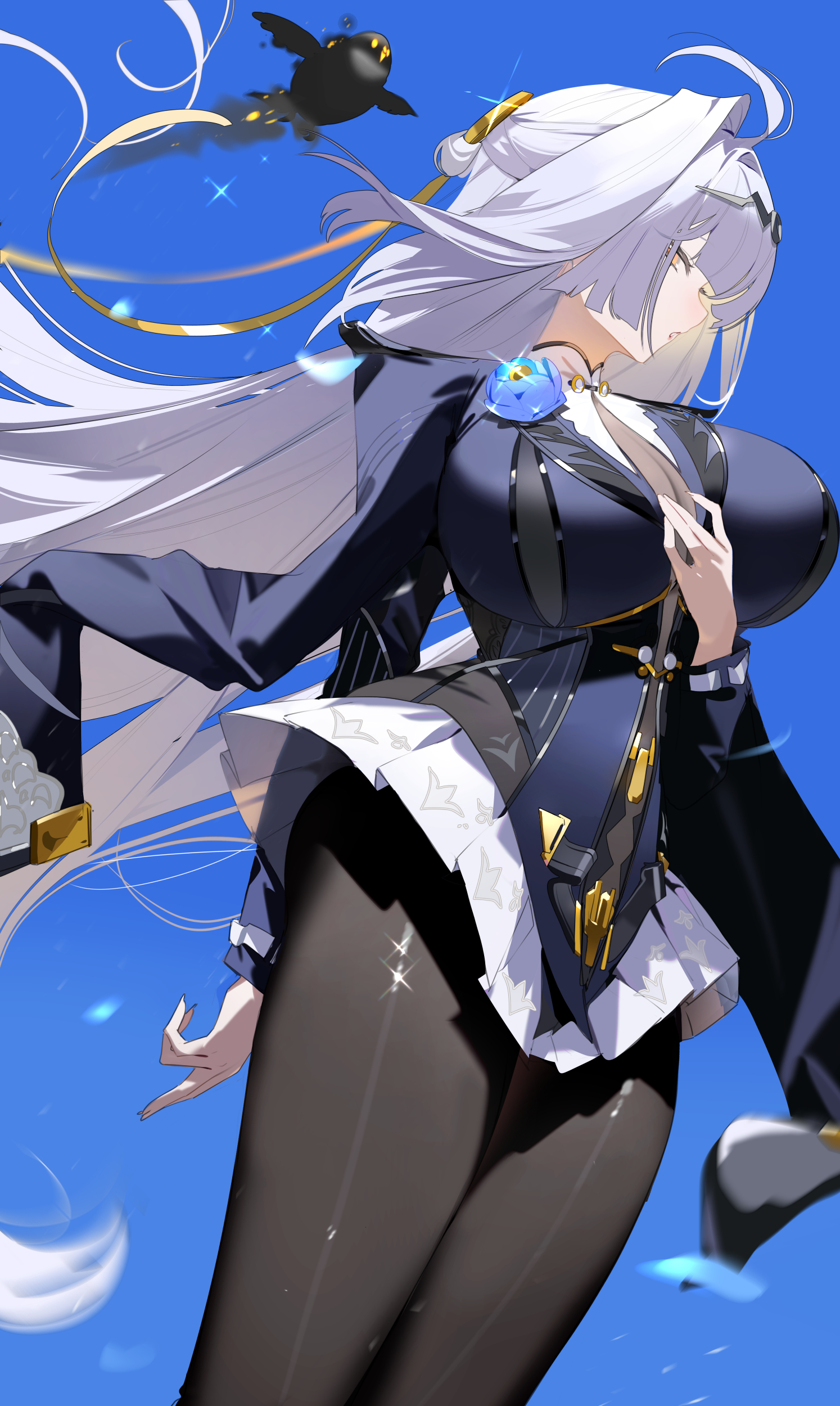 helic (7317helic), yixuan (trails of ink) (zenless zone zero), yixuan (zenless zone zero), zenless zone zero, absurdres, highres, 1girl, bird, black bird, black jacket, black leotard, black pantyhose, blue background, blue flower, blue rose, boutonniere, breasts, flower, flower on chest, frilled leotard, frills, jacket, large breasts, leotard, long hair, looking at viewer, official alternate costume, pantyhose, parted lips, rose, solo, white hair, yellow eyes