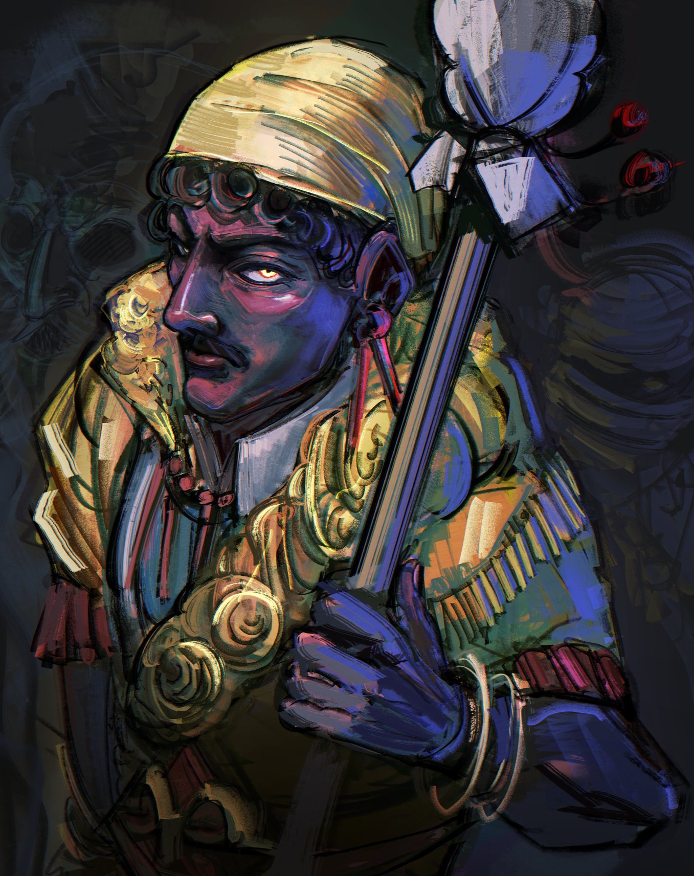 7ggforp, o'saa (fear & hunger), fear & hunger (series), fear & hunger 2: termina, commentary, highres, 1boy, african clothes, black hair, bracelet, curly hair, dark-skinned male, dark skin, earrings, facial hair, hat, holding, holding staff, jewelry, male focus, multiple bracelets, mustache, solo, staff, upper body, yellow eyes, yellow hat