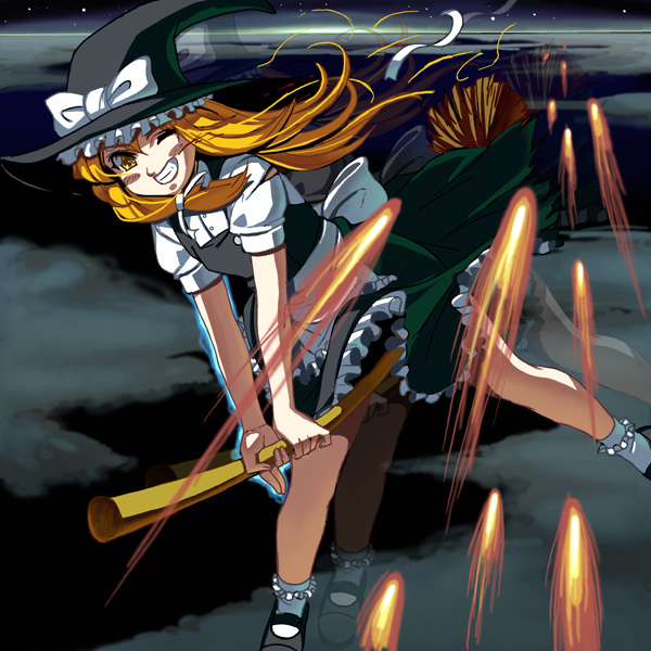 kouno (masao), kirisame marisa, touhou, 1girl, broom, broom riding, danmaku, dress, female focus, hat, one eye closed, socks, solo, wink