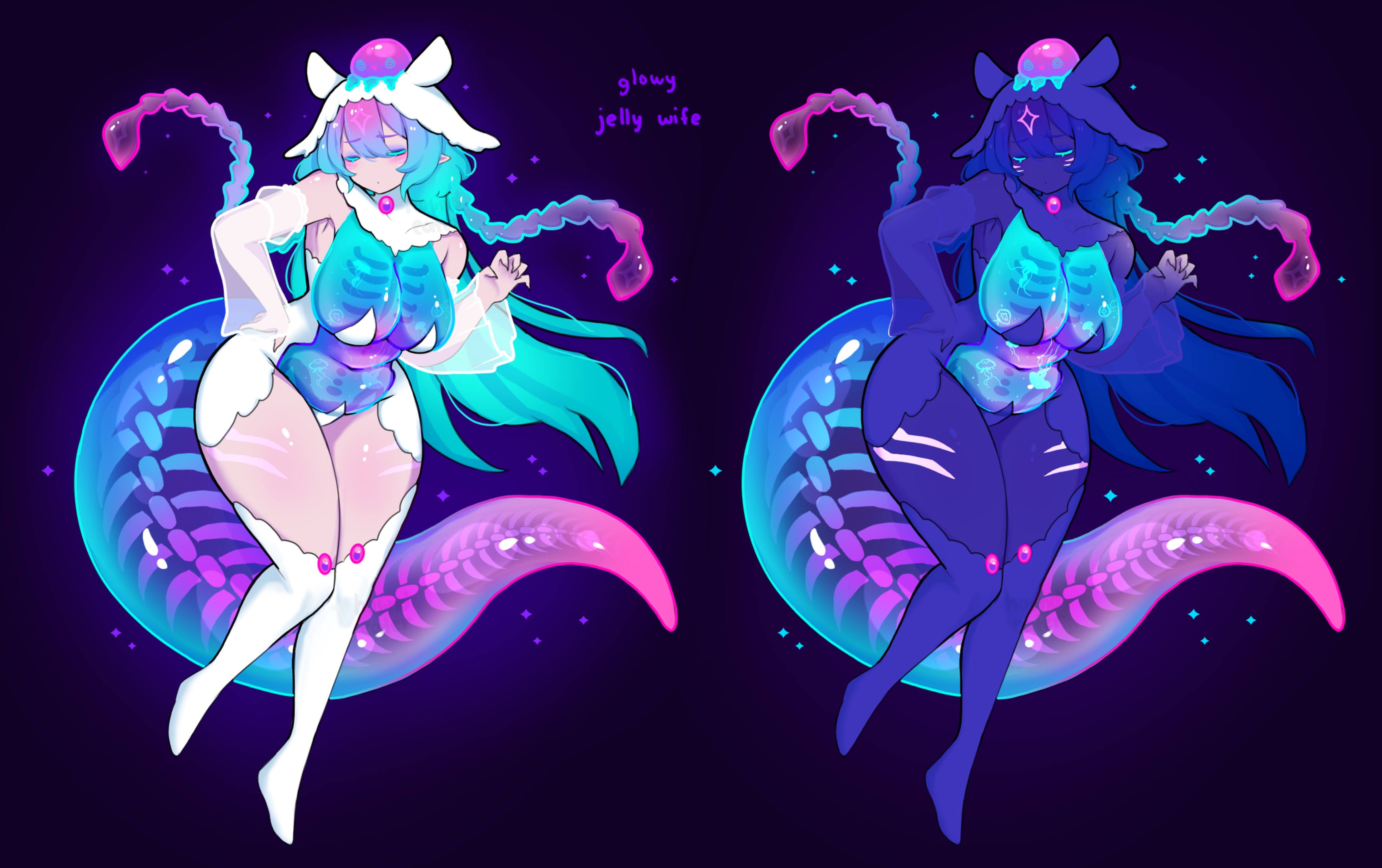 houndeater, original, absurdres, highres, 1girl, blush, breasts, detached sleeves, jellyfish girl, large breasts, long hair, see-through body, see-through tail, tail, thighhighs, very long hair