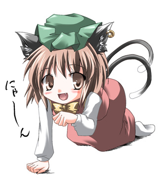 subaru noji, chen, touhou, lowres, 1girl, animal ears, brown eyes, brown hair, cat ears, cat girl, cat tail, chibi, crawling, earrings, fang, female focus, full body, hat, jewelry, multiple tails, nyan, paw pose, short hair, simple background, smile, socks, solo, tail