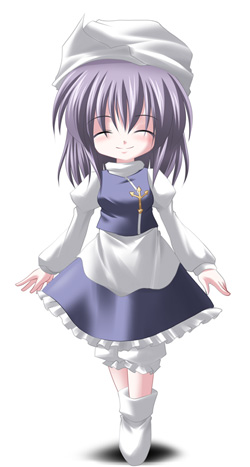 subaru noji, letty whiterock, touhou, lowres, 1girl, apron, blue dress, blush, boots, dress, female focus, full body, knee boots, long sleeves, simple background, solo, standing, thighhighs, waist apron, white background, zettai ryouiki