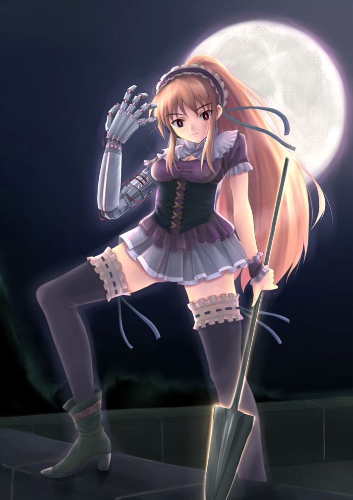 yuki usagi (mofurafu), alteil, bad id, bad pixiv id, blonde hair, polearm, red eyes, solo, spear, thighhighs, weapon