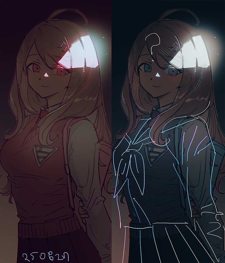 haun, akamatsu kaede, danganronpa (series), danganronpa v3: killing harmony, odaibako, hashtag-only commentary, 1girl, ?, ahoge, blonde hair, breasts, collared shirt, crest, dark background, dated, fortissimo, hair ornament, light particles, light rays, long hair, long sleeves, looking at viewer, musical note, musical note hair ornament, necktie, pink sweater vest, pink vest, purple eyes, shirt, skirt, smile, sweater vest, upper body, vest, white shirt