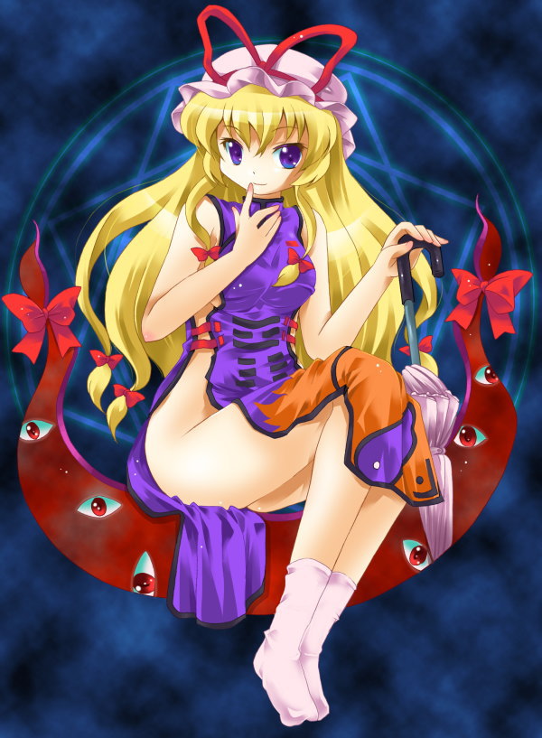 michii yuuki, yakumo yukari, touhou, 1girl, blonde hair, bow, female focus, gap (touhou), hair bow, hat, long hair, multiple hair bows, naked tabard, no panties, purple eyes, ribbon, smile, solo, tabard