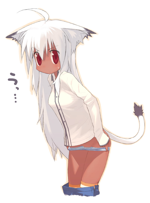 kusaka kokage, kokage-san, original, animal ears, blouse, blush, cat ears, cat tail, dark-skinned female, dark skin, panties, red eyes, shirt, solo, striped clothes, striped thighhighs, tail, thighhighs, underwear, undressing, white hair