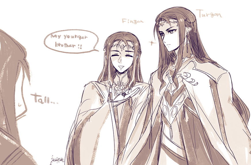 tokidoki tidori, fingon, turgon, the silmarillion, tolkien's legendarium, !, !!, …, 1other, 2boys, artist name, brothers, character name, closed eyes, closed mouth, collar, earrings, elf, english text, height difference, jewelry, long hair, monochrome, multiple boys, parted bangs, pointy ears, ring, siblings, sidelocks, signature, simple background, speech bubble, sweat, sweatdrop, upper body, white background