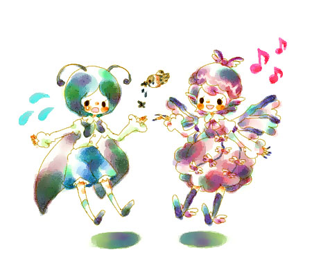 mana (artist), mystia lorelei, wriggle nightbug, touhou, lowres, 2girls, antennae, dress, female focus, hat, multiple girls, musical note, quaver, white background
