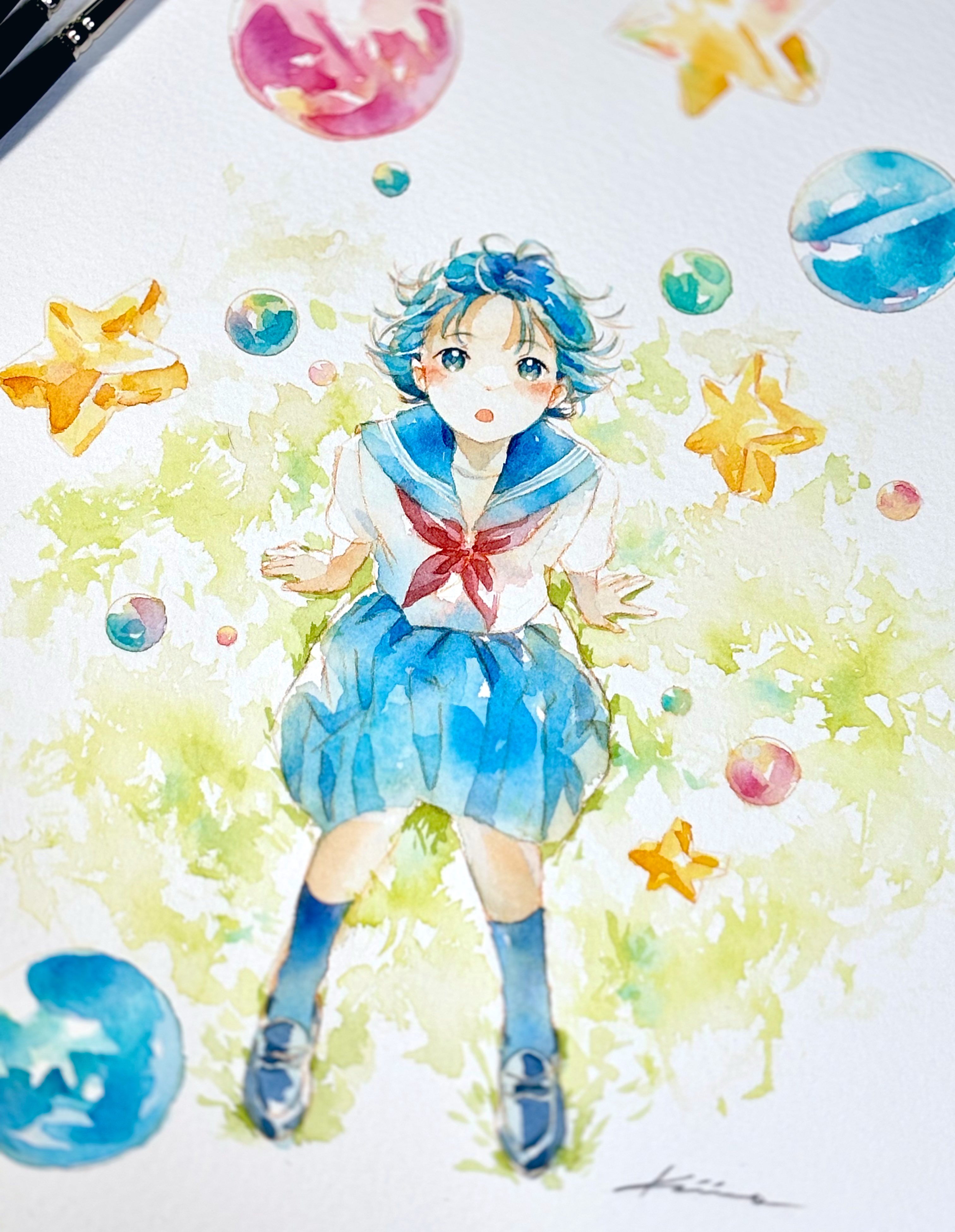 aose kiiro, original, absurdres, highres, painting (medium), photo (medium), traditional media, watercolor (medium), black hair, black skirt, blue sailor collar, grass, long hair, sailor collar, school uniform, shirt, short hair, sitting, skirt, white background, white shirt