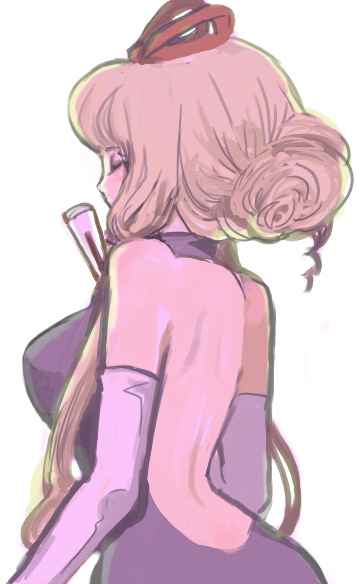 kureno akashi, yakumo yukari, touhou, 1girl, alternate costume, back, blonde hair, closed eyes, dress, elbow gloves, female focus, folded fan, folding fan, gloves, hair ribbon, hair up, hand fan, ribbon, solo