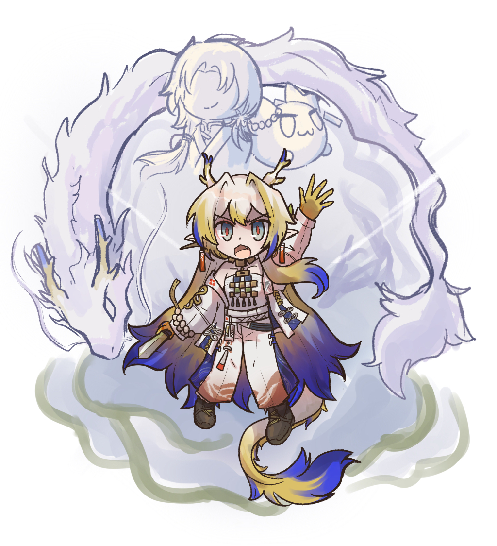 sukey four, shennong (arknights), shu (arknights), arknights, commentary request, 1girl, blonde hair, dragon bubble (arknights), dragon tail, earrings, full body, grey eyes, holding, holding sword, holding weapon, jewelry, open mouth, pants, pointy ears, red pupils, solo, sword, tail, weapon, white background, white pants