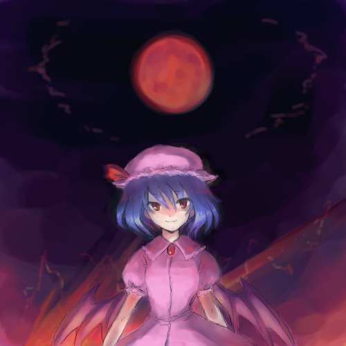 remilia scarlet, touhou, lowres, 1girl, bat wings, dress, female focus, full moon, gradient background, hat, mob cap, moon, nature, oekaki, pink hat, plant, red moon, sky, solo, wings