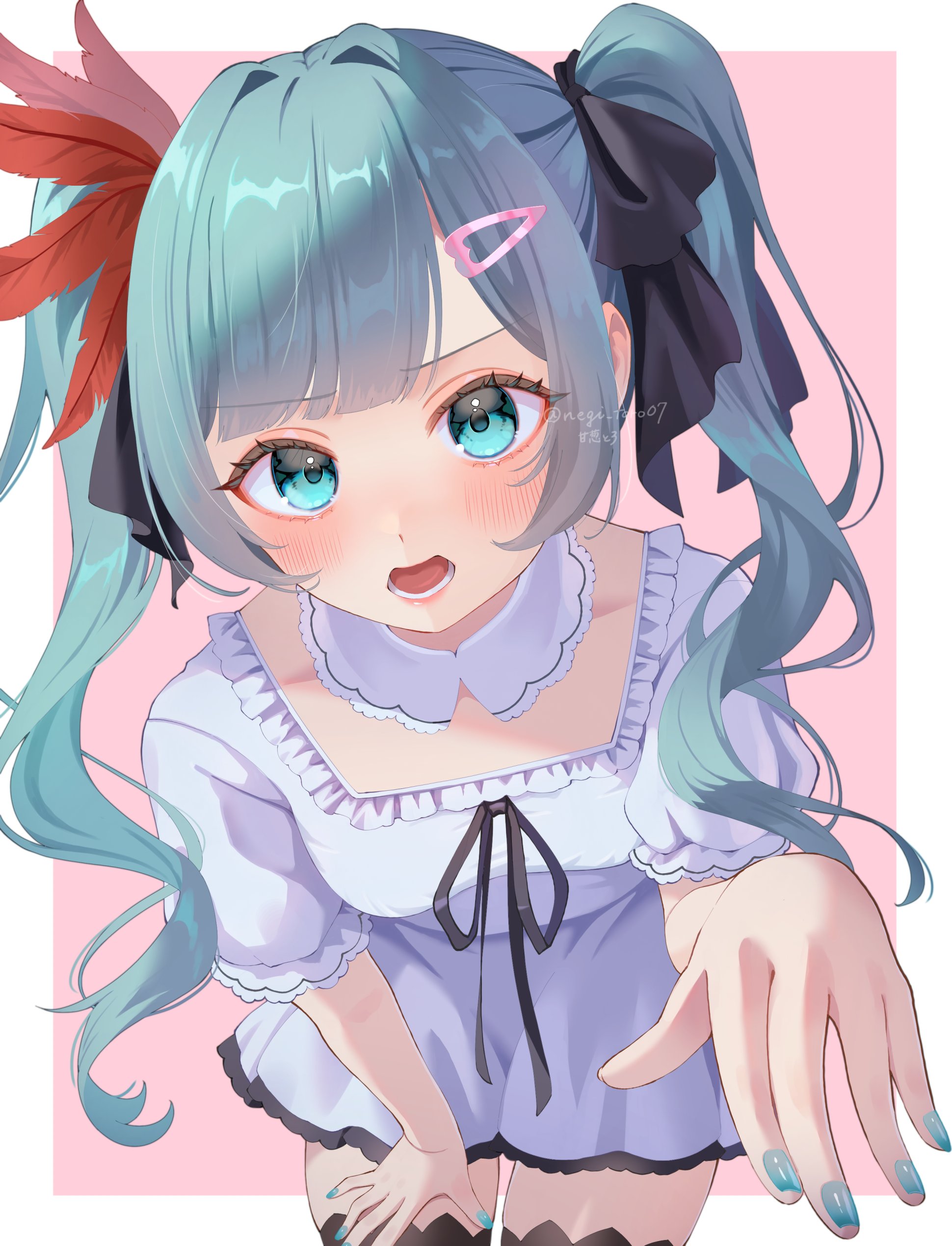 nagi-negitoro, hatsune miku, hatsune miku (supreme), vocaloid, world is mine (vocaloid), absurdres, commentary request, highres, 1girl, aqua eyes, aqua hair, aqua nails, black skirt, black thighhighs, blouse, blue eyes, blunt bangs, choker, collar, detached collar, dress, eyelashes, frilled shirt, frills, hair ornament, hair ribbon, hairclip, long hair, looking at viewer, miniskirt, nail polish, pink background, ribbon, shirt, skirt, solo, thighhighs, twintails, very long hair, wavy hair, white choker, white collar, white shirt, zettai ryouiki