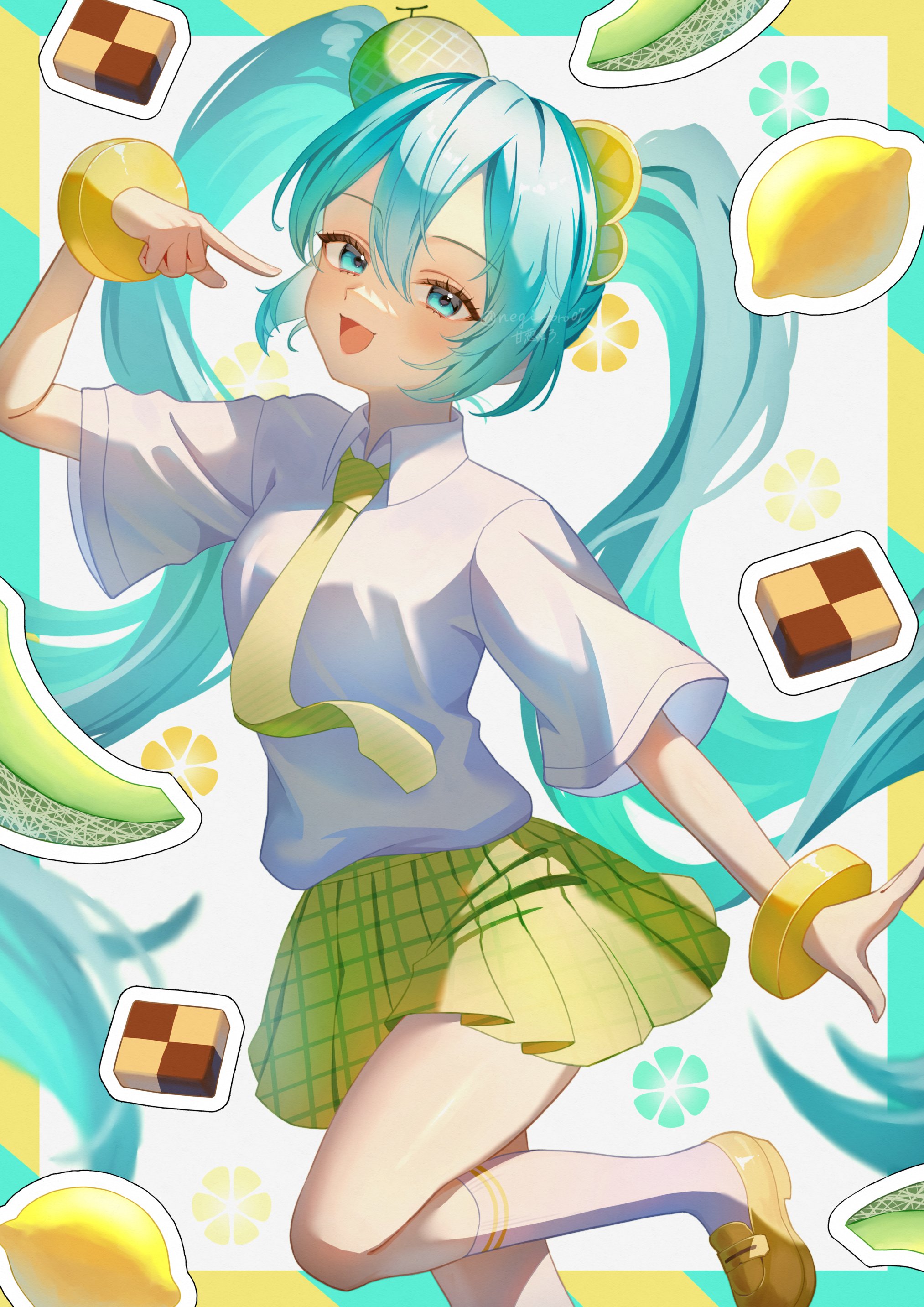 nagi-negitoro, hatsune miku, lemon melon cookie (vocaloid), vocaloid, absurdres, highres, 1girl, aqua eyes, aqua hair, cantaloupe, cookie, food, food-themed hair ornament, fruit, hair ornament, lemon, lemon hair ornament, long hair, looking at viewer, melon, melon hair ornament, necktie, open mouth, school uniform, shirt, skirt, smile, solo, twintails, white shirt, yellow background, yellow necktie