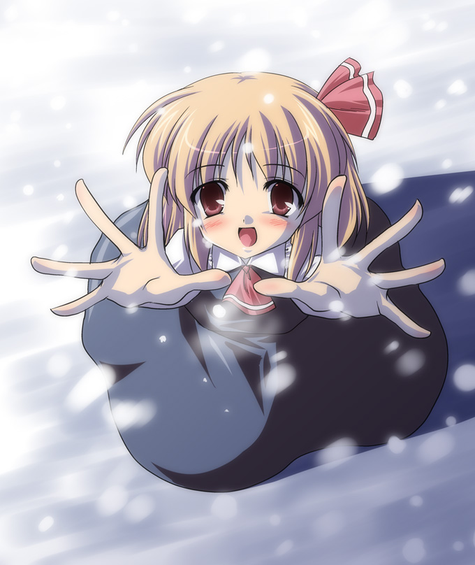 subaru noji, rumia, embodiment of scarlet devil, touhou, 1girl, blonde hair, blush, female focus, from above, hair ribbon, looking up, necktie, outstretched arms, outstretched hand, reaching, reaching towards viewer, red eyes, ribbon, short hair, smile, snow, solo