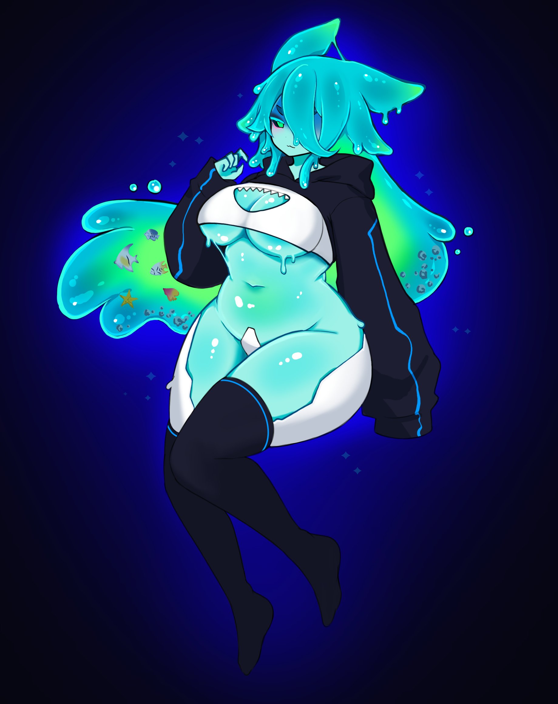 houndeater, original, highres, 1girl, antennae, blush, breasts, large breasts, long hair, monster girl, pee-chan (houndeater), personification, plump, slime girl, slime hair, solo, thighhighs, underboob, very long hair