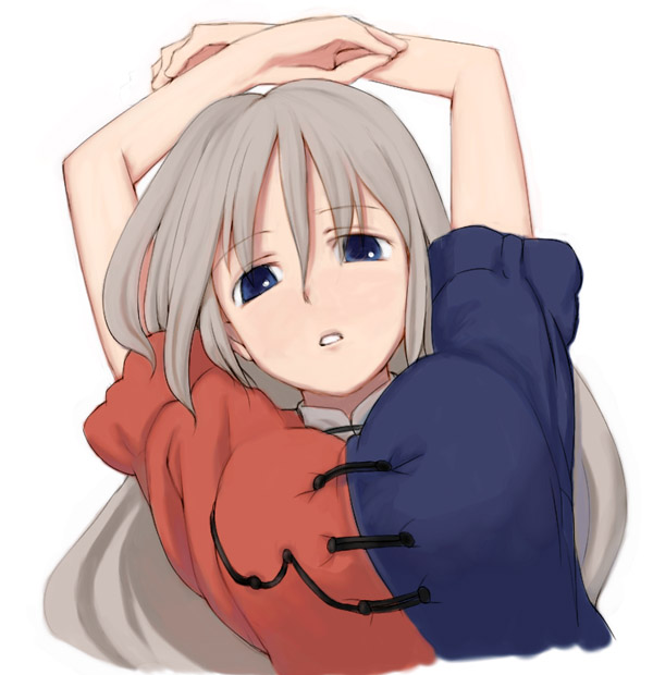 7c, yagokoro eirin, touhou, silver hair, 1girl, arms up, blue eyes, breasts, female focus, large breasts, lying, no headwear, on back, solo, upper body, white background