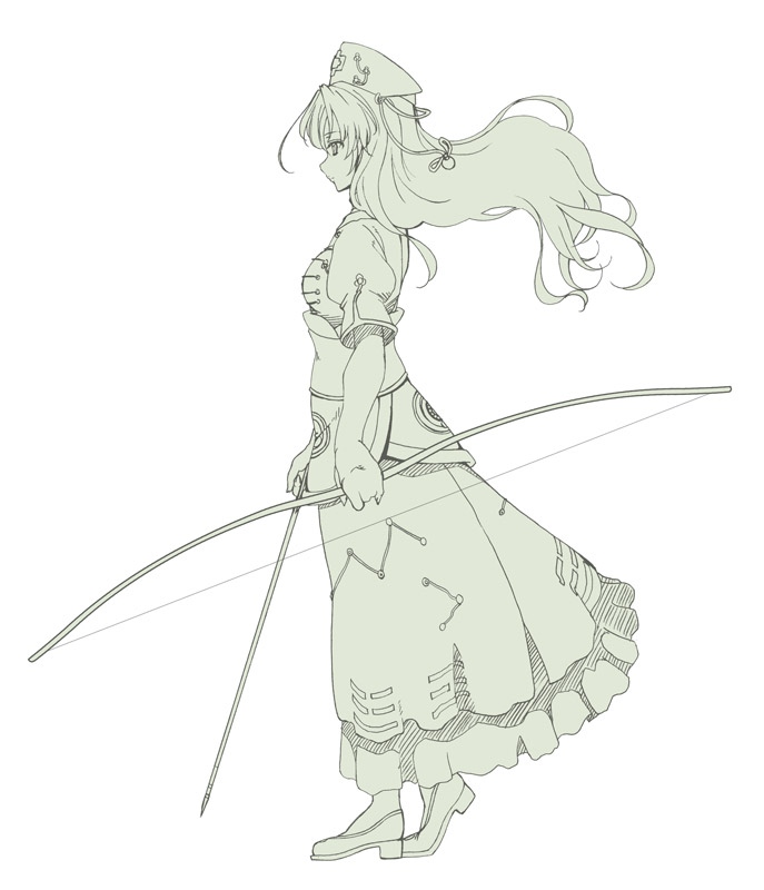 aka ringo, azuma shoujuan, yagokoro eirin, touhou, 1girl, arms at sides, bow (weapon), female focus, from side, full body, green theme, hair down, holding, holding bow (weapon), holding weapon, monochrome, simple background, solo, standing, weapon, white background