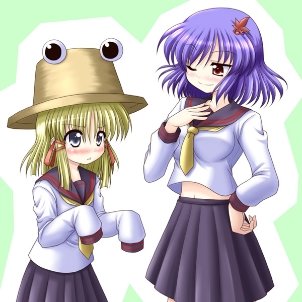 bococho, moriya suwako, yasaka kanako, touhou, 2girls, alternate costume, blonde hair, female focus, hair ornament, hair ribbon, hat, leaf hair ornament, multiple girls, red eyes, ribbon, school uniform, serafuku, skirt
