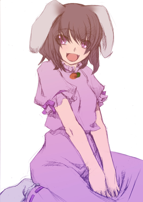 honda kikyou, inaba tewi, touhou, 1girl, :d, animal ears, brown hair, carrot necklace, dress, female focus, jewelry, looking at viewer, necklace, open mouth, own hands together, pink dress, pink eyes, rabbit ears, simple background, sitting, smile, solo, v arms, white background