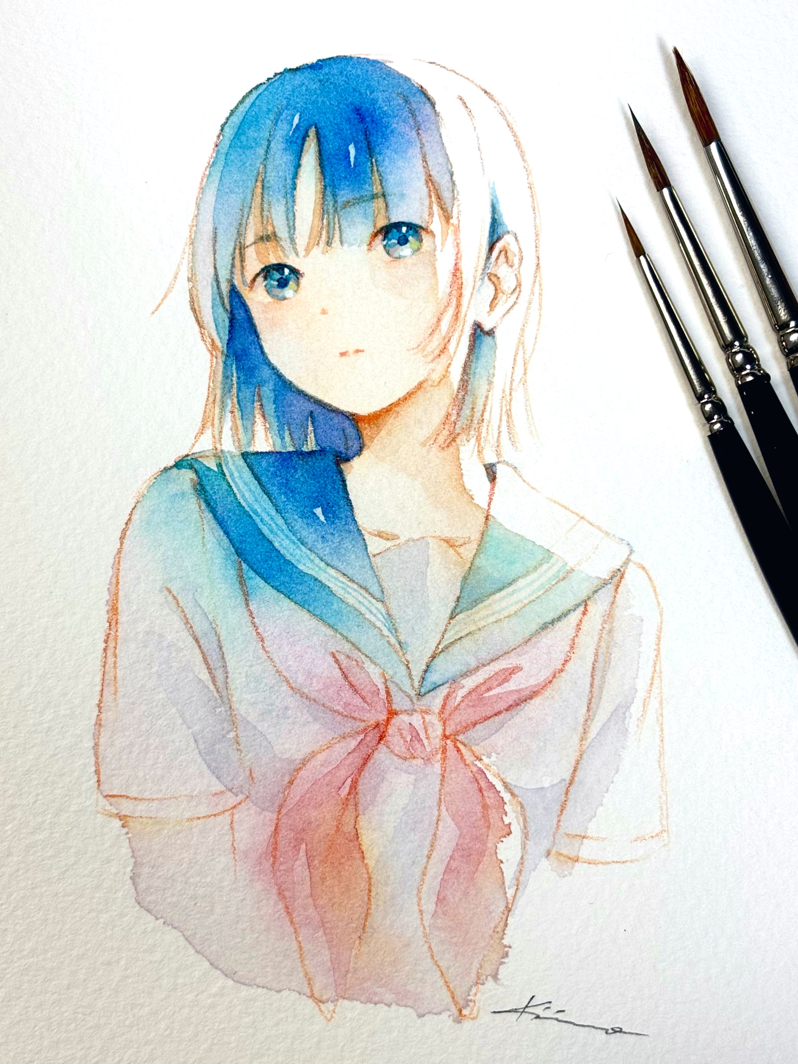 aose kiiro, original, absurdres, highres, painting (medium), photo (medium), traditional media, watercolor (medium), art tools in frame, black hair, blue eyes, blue sailor collar, looking to the side, medium hair, paintbrush, sailor collar, school uniform, shirt, short sleeves, upper body, white background, white shirt