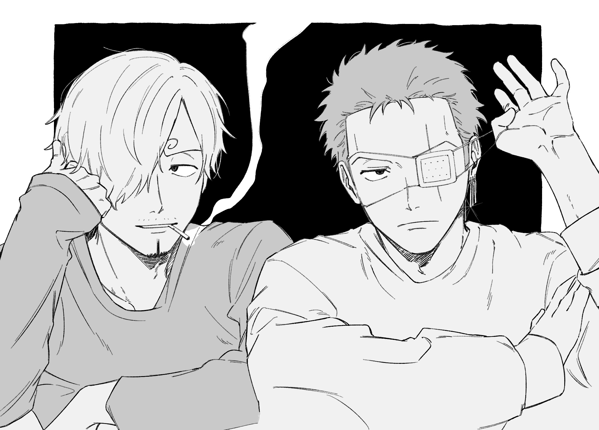 iqracha, roronoa zoro, sanji (one piece), one piece, commentary request, highres, 2boys, cigarette, closed mouth, curly eyebrows, eyepatch, facial hair, goatee, greyscale, hair over one eye, hand on own arm, long sleeves, looking at viewer, male focus, medical eyepatch, monochrome, multiple boys, mustache stubble, parted lips, scar, scar across eye, scar on face, short hair, smoking, stubble
