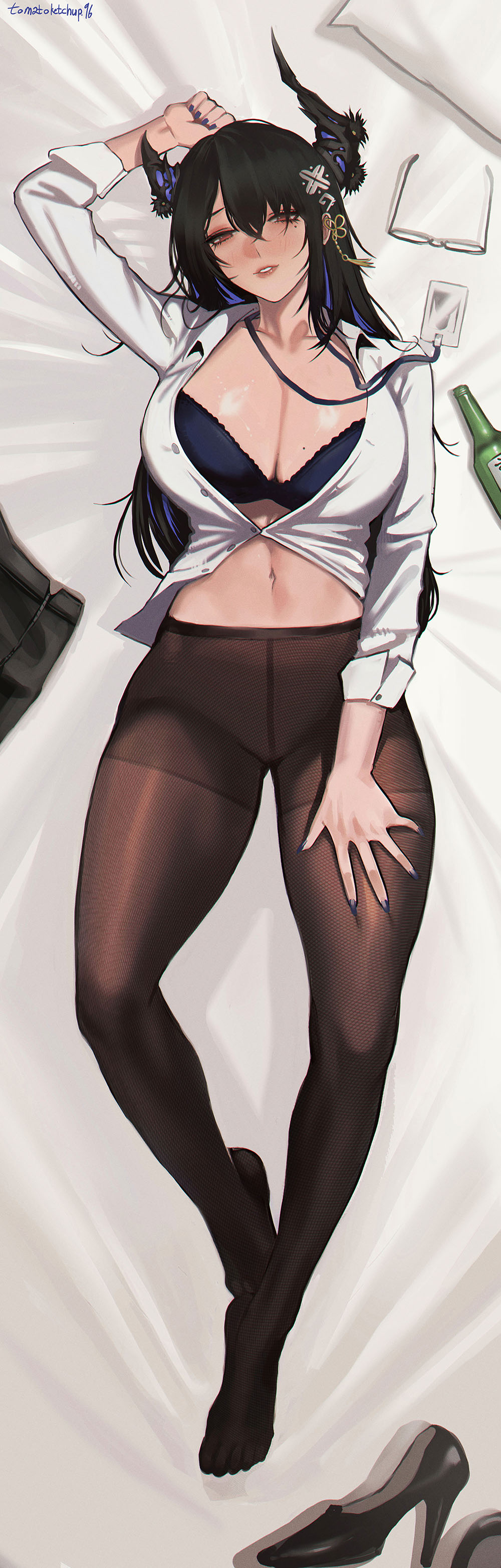 tomatoketchup96, nerissa ravencroft, hololive, hololive english, absurdres, commentary, commission, english commentary, highres, 1girl, asymmetrical horns, bed sheet, black hair, blue bra, blue hair, blue nails, blush, bottle, bra, breasts, cleavage, collared shirt, colored inner hair, dakimakura (medium), dress shirt, flower, flower knot, fortissimo, from above, full body, goggles, hair between eyes, hair ornament, high heels, horn flower, horns, id card, lace, lace-trimmed bra, lace trim, lanyard, large breasts, long hair, long sleeves, looking at viewer, lying, mole, mole under eye, multicolored hair, musical note, musical note hair ornament, nail polish, navel, no pants, no shoes, on back, pantyhose, parted lips, partially unbuttoned, purple eyes, shirt, shoes, sidelocks, skirt, solo, tassel, tassel hair ornament, thighband pantyhose, underwear, uneven horns, unworn goggles, unworn shoes, unworn skirt, very long hair, virtual youtuber, white shirt