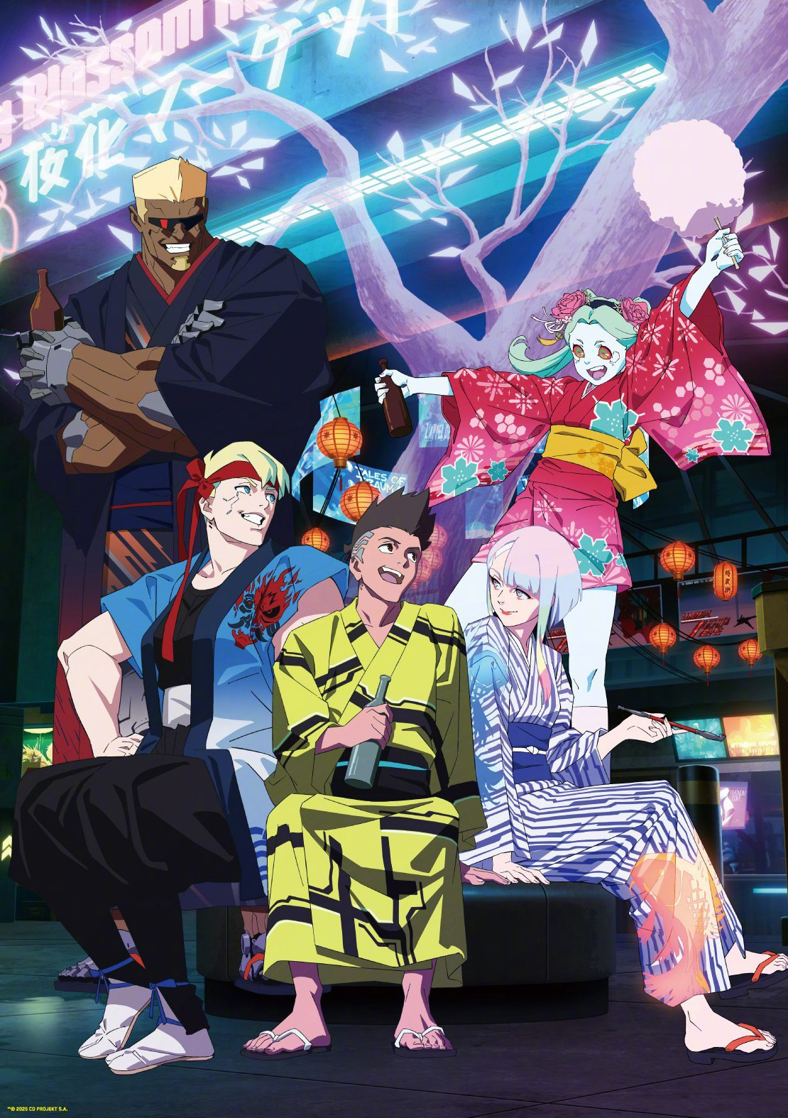 gun (taoru20000), david martinez, dorio (cyberpunk), lucy (cyberpunk), maine (cyberpunk), rebecca (cyberpunk), cd projekt red, cyberpunk: edgerunners, cyberpunk (series), cyberpunk 2077, trigger (company), highres, official art, 2boys, 3girls, beer bottle, cherry blossoms, cotton candy, food, happy, holding, holding cotton candy, holding food, japanese clothes, kimono, multiple boys, multiple girls