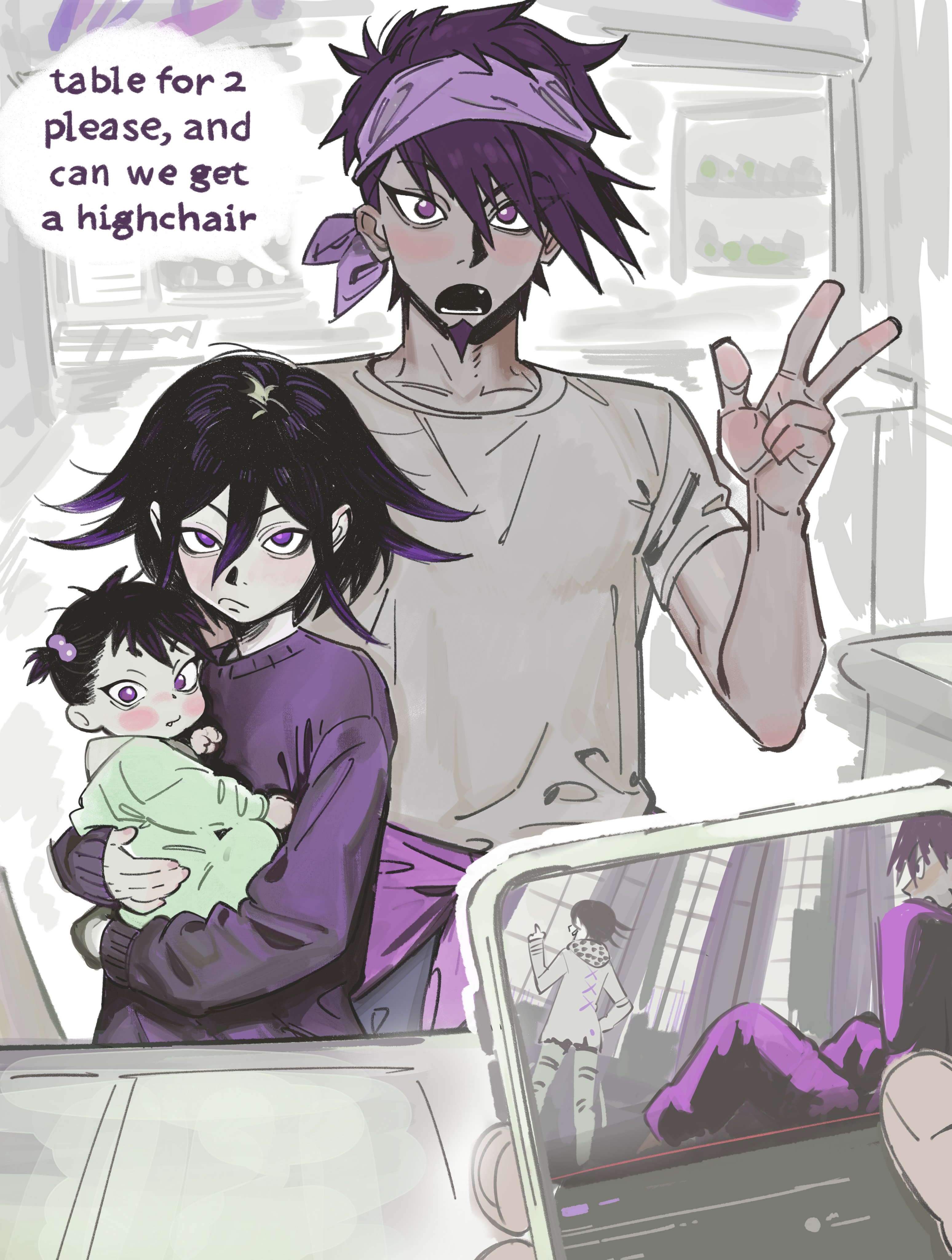 miri (bossu osu), momota kaito, oma kokichi, danganronpa (series), danganronpa v3: killing harmony, absurdres, commentary, english commentary, highres, 1girl, 2boys, aegyo sal, baby, black hair, blush, carrying, carrying baby, carrying person, english text, facial hair, flipped hair, frown, goatee, hair between eyes, hand up, height difference, holding, holding phone, implied male pregnancy, long sleeves, looking at viewer, male focus, medium hair, multiple boys, open mouth, phone, pov, pov hands, purple eyes, purple hair, purple sweater, purple theme, shirt, size difference, speech bubble, sweater, t-shirt, yaoi