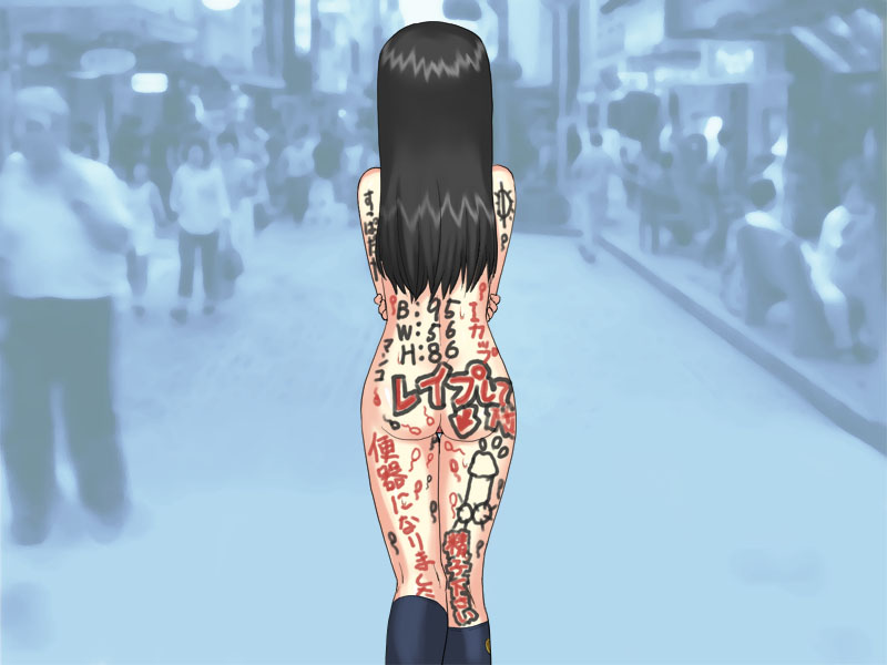 774 (nanashi), negishi satsuki, copyright request, translated, 1girl, ass, black hair, blue socks, body writing, exhibitionism, female focus, humiliation, kneehighs, long hair, nude, outdoors, photo background, public indecency, shameless, socks, solo focus, text focus, walking