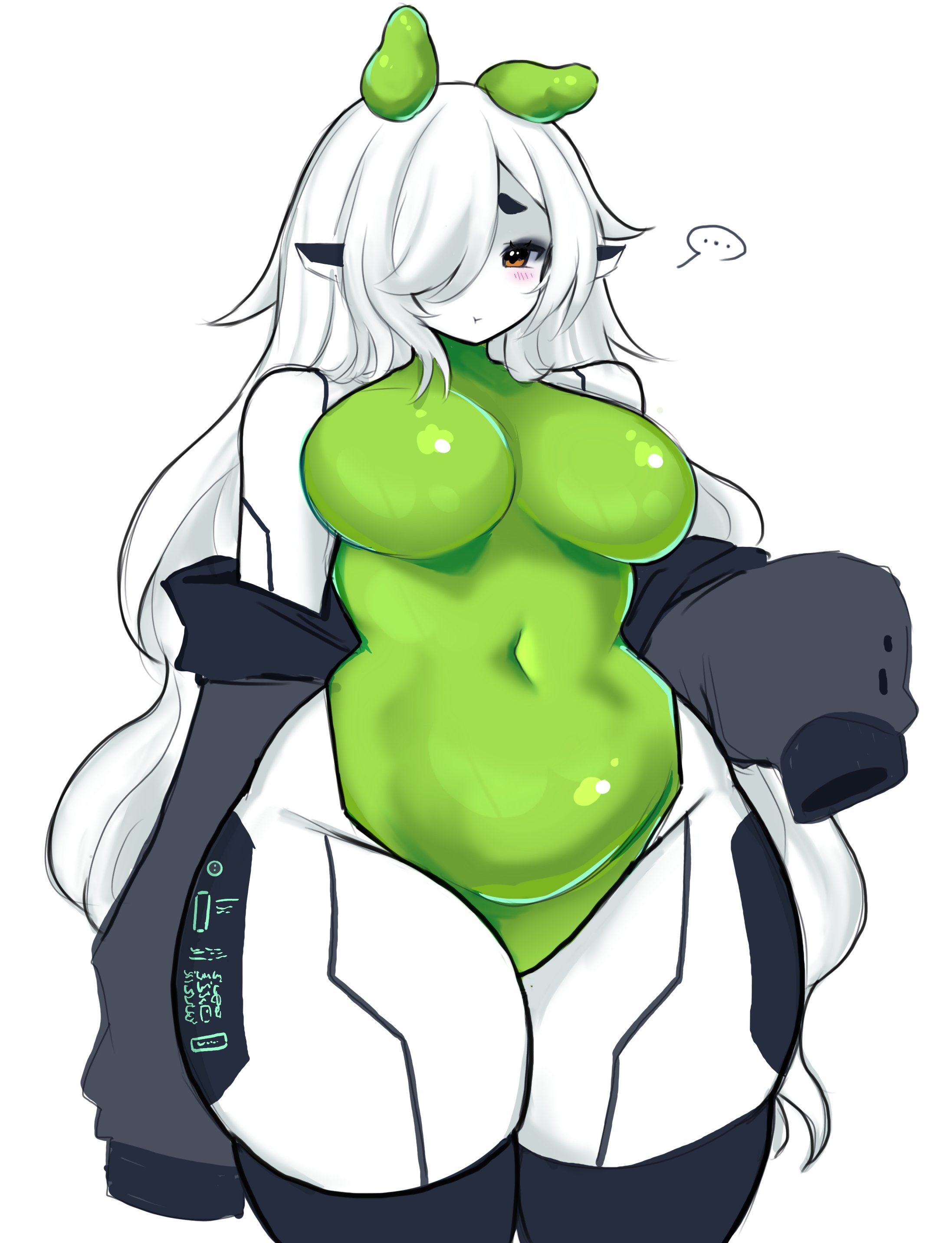 houndeater, original, absurdres, highres, 1girl, android, antennae, breasts, colored skin, large breasts, long hair, mechanical ears, monster girl, navel, no nipples, no pussy, personification, slime girl, white skin