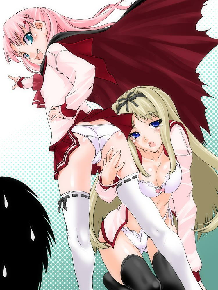 shinama, kusugawa sasara, maaryan, to heart 2, white legwear, 2girls, ass, bra, cameltoe, lingerie, multiple girls, panties, side-tie panties, thighhighs, underwear, white panties, wind lift, yuri