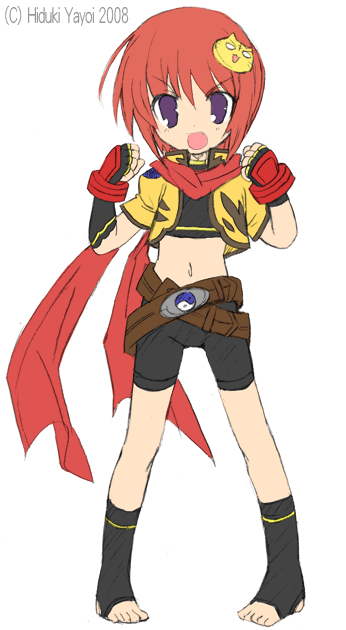 hizuki yayoi, chouhi (koihime musou), koihime musou, 00s, 1girl, barefoot, belt, bike shorts, cathead, fang, feet, female focus, fingerless gloves, flat chest, gloves, midriff, navel, pigeon-toed, red hair, red scarf, scarf, solo, toeless legwear, toes