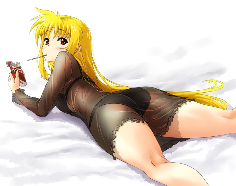 nekomamire, fate testarossa, lyrical nanoha, mahou shoujo lyrical nanoha, mahou shoujo lyrical nanoha strikers, 00s, 1girl, ass, blonde hair, bra, female focus, food, kneepits, lingerie, long hair, looking back, lying, nightgown, on stomach, panties, pocky, red eyes, see-through clothes, solo, thighs, underwear, very long hair