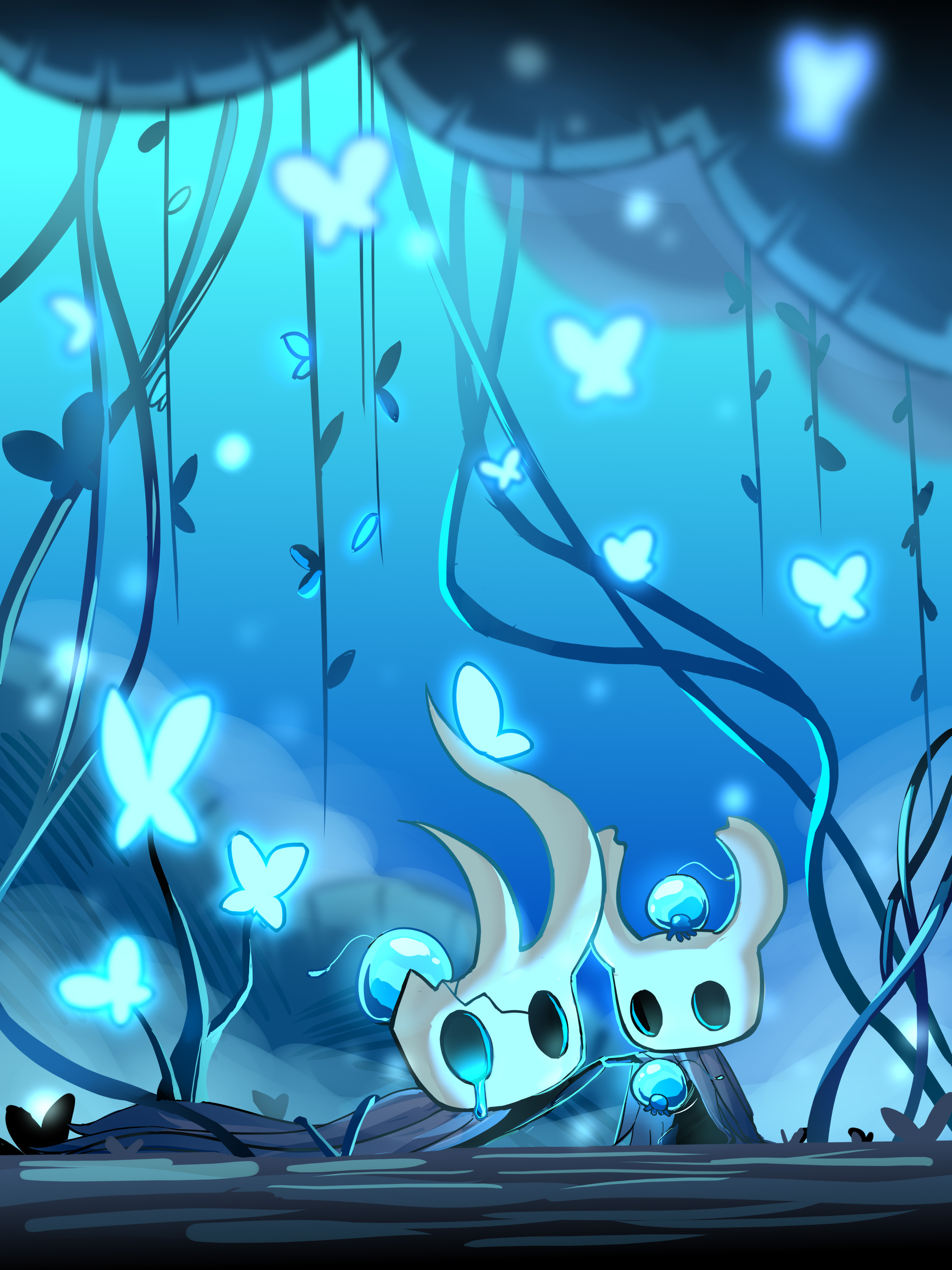 broken vessel (hollow knight), knight (hollow knight), hollow knight, absurdres, highres, 2others, black cloak, blue butterfly, blue liquid, blue theme, bug, butterfly, cloak, dripping eye, glowing butterfly, hollow eyes, horned mask, insect, kuijinxi, mask, multiple others, plant, vines