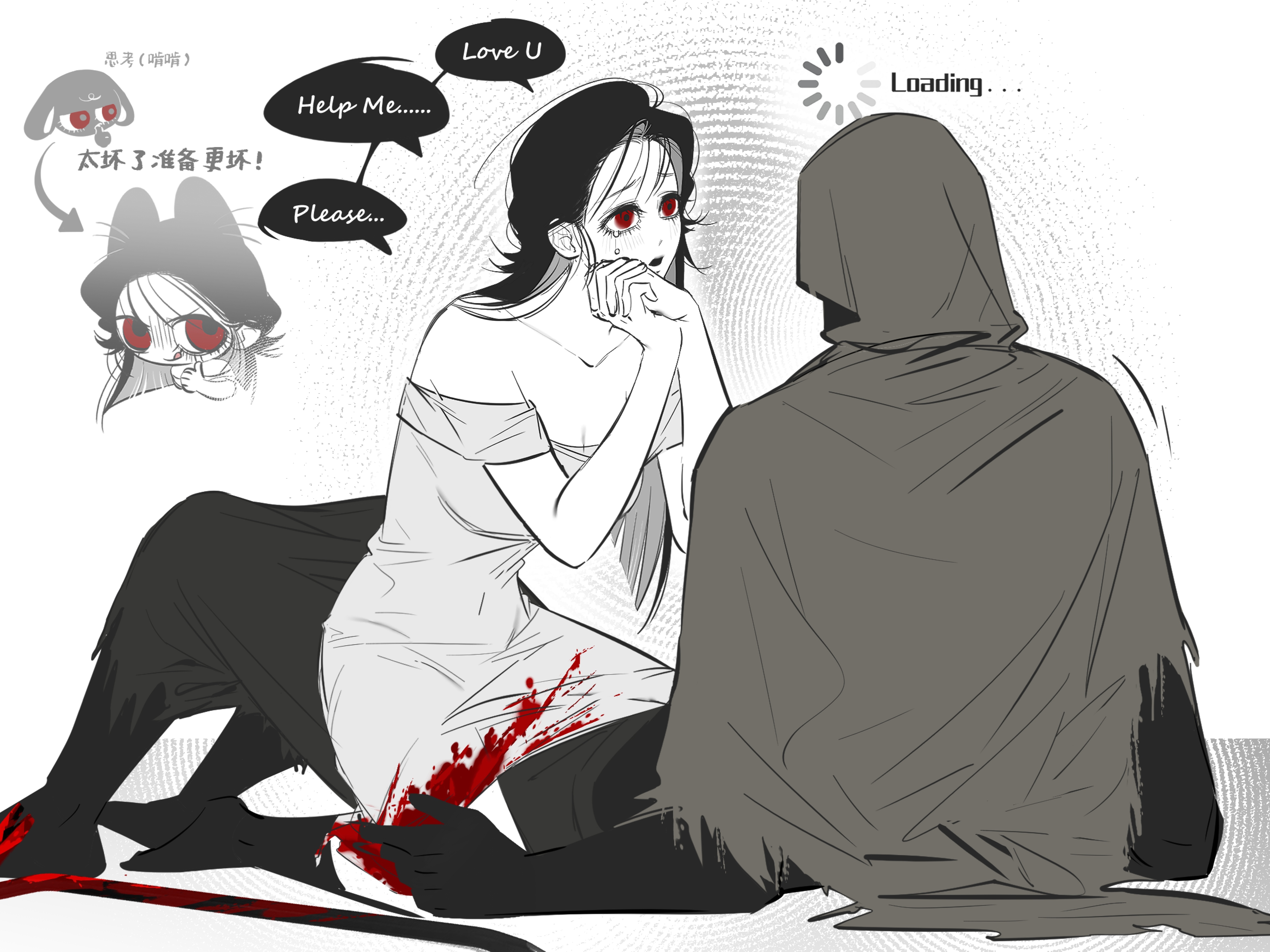 yu lan, adashino adami, mr. hood, homicipher, absurdres, chinese commentary, commentary request, highres, translation request, 1boy, 1girl, animal ears, black hair, blood, blood on clothes, chinese text, cloak, crowbar, dress, english text, grey dress, hood, hood up, hooded cloak, loading icon, long hair, mixed-language text, own hands clasped, own hands together, red eyes, sitting, sitting on lap, sitting on person, teardrop, white background