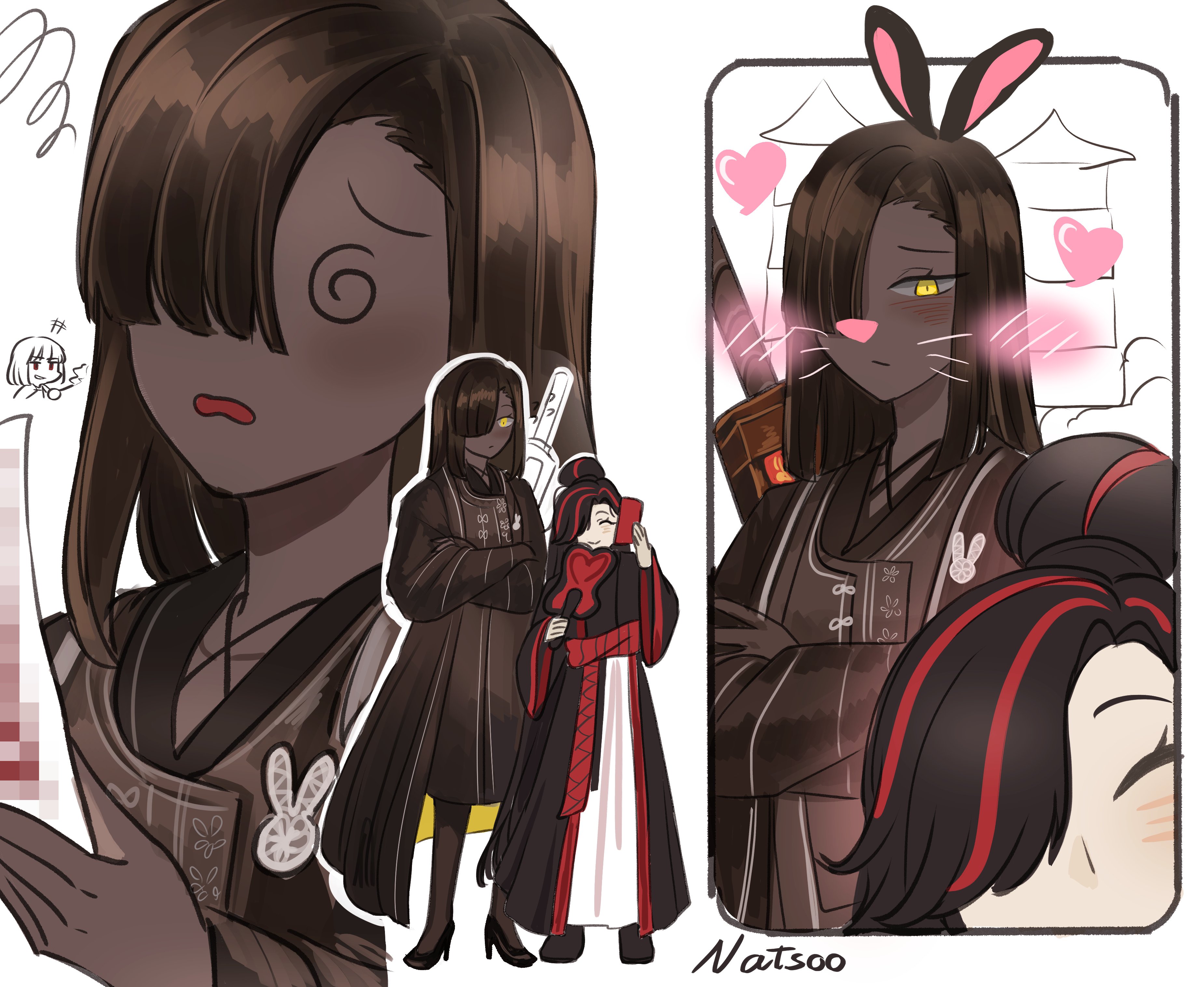 natsoo (natsoomeee), ryoshu (project moon), zigong (project moon), zilu (project moon), limbus company, project moon, absurdres, highres, 3girls, @ @, animal ears, black hair, black hanfu, blush, censored, chibi, chibi inset, chinese clothes, closed eyes, dark-skinned female, dark skin, face filter, facial mark, hair bun, hair over one eye, hand fan, hanfu, high heels, high ponytail, holding, holding fan, holding paper, holding phone, jacket, long hair, long sleeves, looking at viewer, mosaic censoring, multicolored hair, multiple girls, one eye covered, paper, phone, ponytail, rabbit ears, rabbit nose, rabbit pin, red eyes, red streaks, simple background, smile, streaked hair, sword, sword on back, weapon, weapon on back, whisker markings, whiskers, white background, yellow eyes