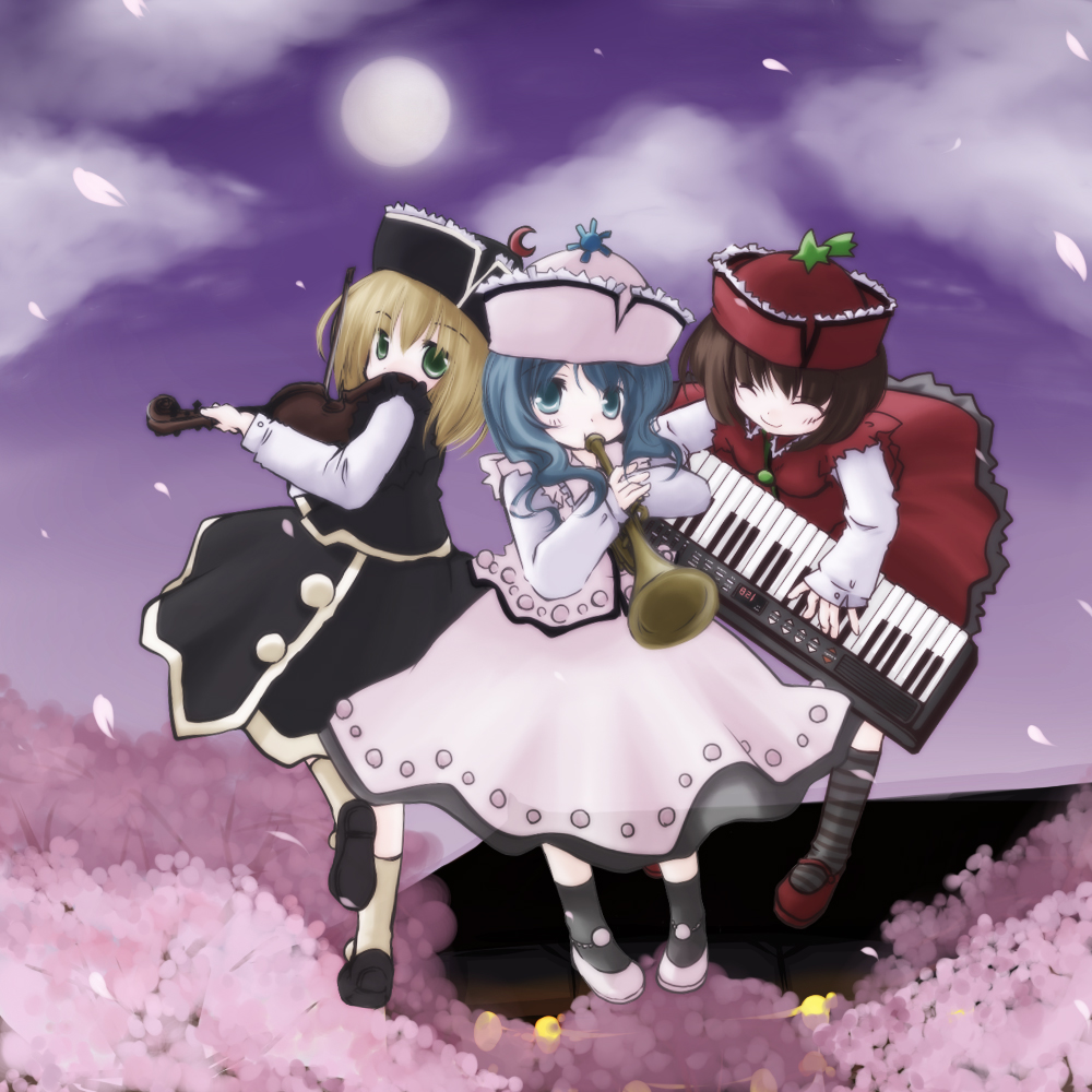 futami yayoi, lunasa prismriver, lyrica prismriver, merlin prismriver, touhou, black footwear, black legwear, eyebrows, red footwear, striped legwear, white legwear, 3girls, ^ ^, alternate eye color, black hat, black shirt, black skirt, blonde hair, blue eyes, blue hair, brown hair, buttons, cherry blossoms, closed eyes, cloud, female focus, frilled hat, frilled shirt collar, frilled skirt, frills, green eyes, hat, instrument, keyboard, keyboard (instrument), long sleeves, moon, multiple girls, music, night, pink hat, pink shirt, pink shoes, pink skirt, playing instrument, red hat, red shirt, red skirt, shirt, shoes, short hair, siblings, sisters, skirt, skirt set, socks, star (symbol), striped clothes, striped socks, sun, trumpet, violin, white sleeves
