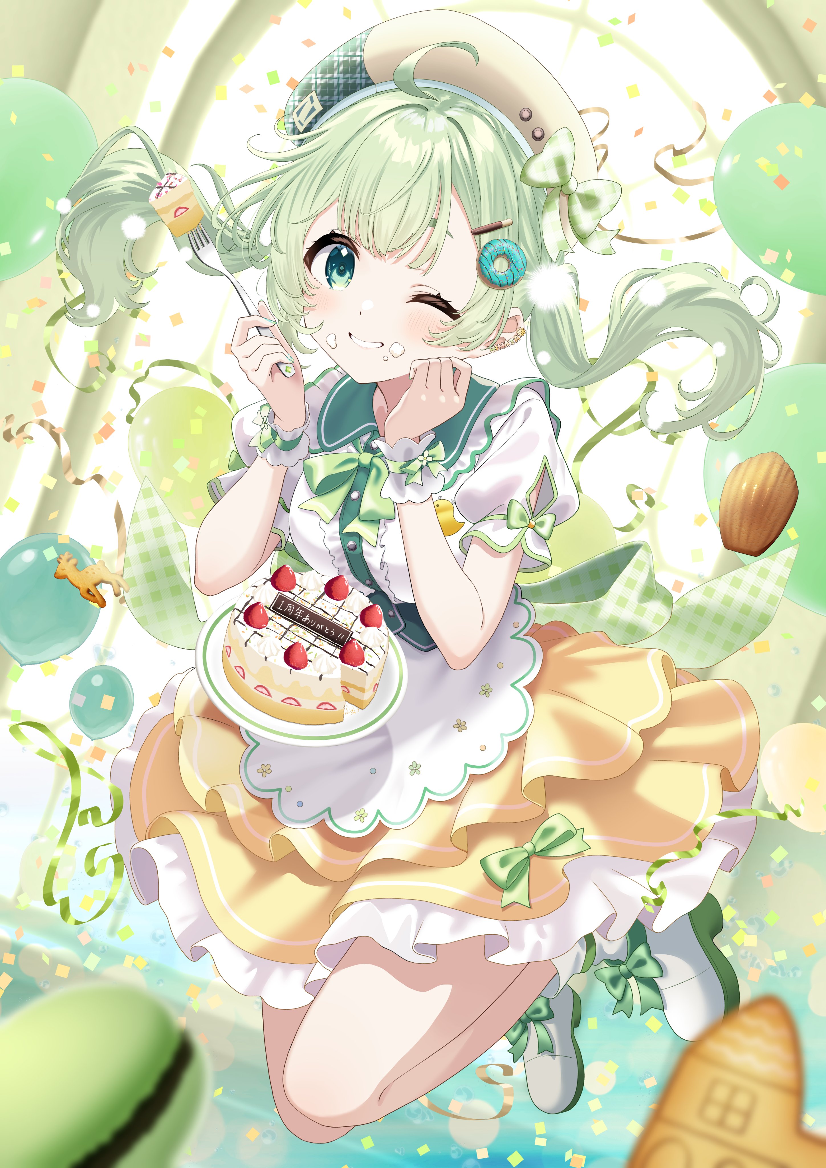 siokazunoko, project nebula, absurdres, highres, second-party source, 1girl, ahoge, anniversary, balloon, beret, blush, bow, bowtie, cake, confetti, cookie, cream, cream on face, donut, dress, earrings, food, food-themed hair ornament, food on face, fork, frilled dress, frills, fruit, full body, green bow, green bowtie, green eyes, green hair, hair ornament, hat, jewelry, jumping, macaron, natori hinata, one eye closed, pleated skirt, puffy short sleeves, puffy sleeves, short sleeves, skirt, smile, solo, strawberry, streamers, twintails, virtual youtuber, wrist cuffs, yellow skirt