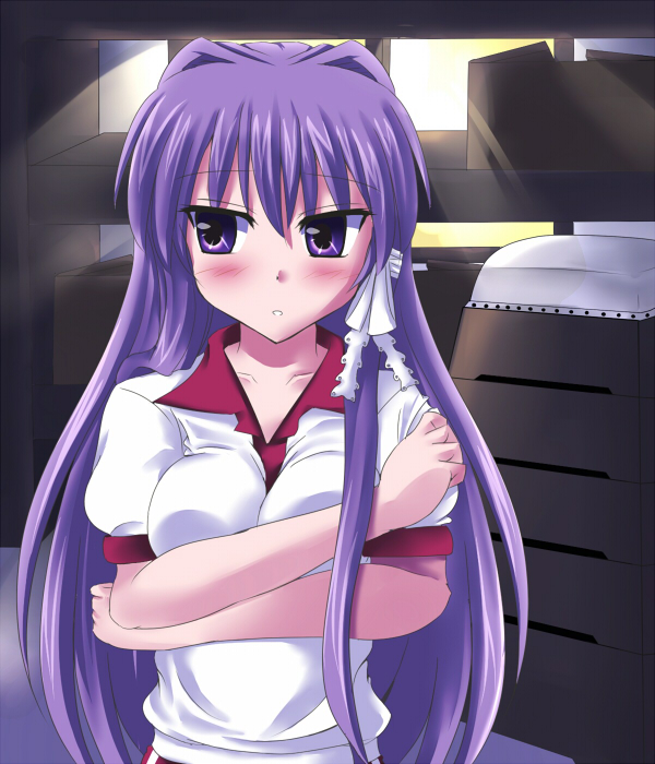 jun (aoerm), fujibayashi kyou, clannad, eyebrows, looking away, 00s, 1girl, breast press, breasts, collared shirt, covering breasts, covering privates, crossed arms, embarrassed, female focus, gym storeroom, gym uniform, indoors, long hair, looking to the side, medium breasts, parted lips, purple eyes, purple hair, shirt, short sleeves, solo, upper body, very long hair, white shirt