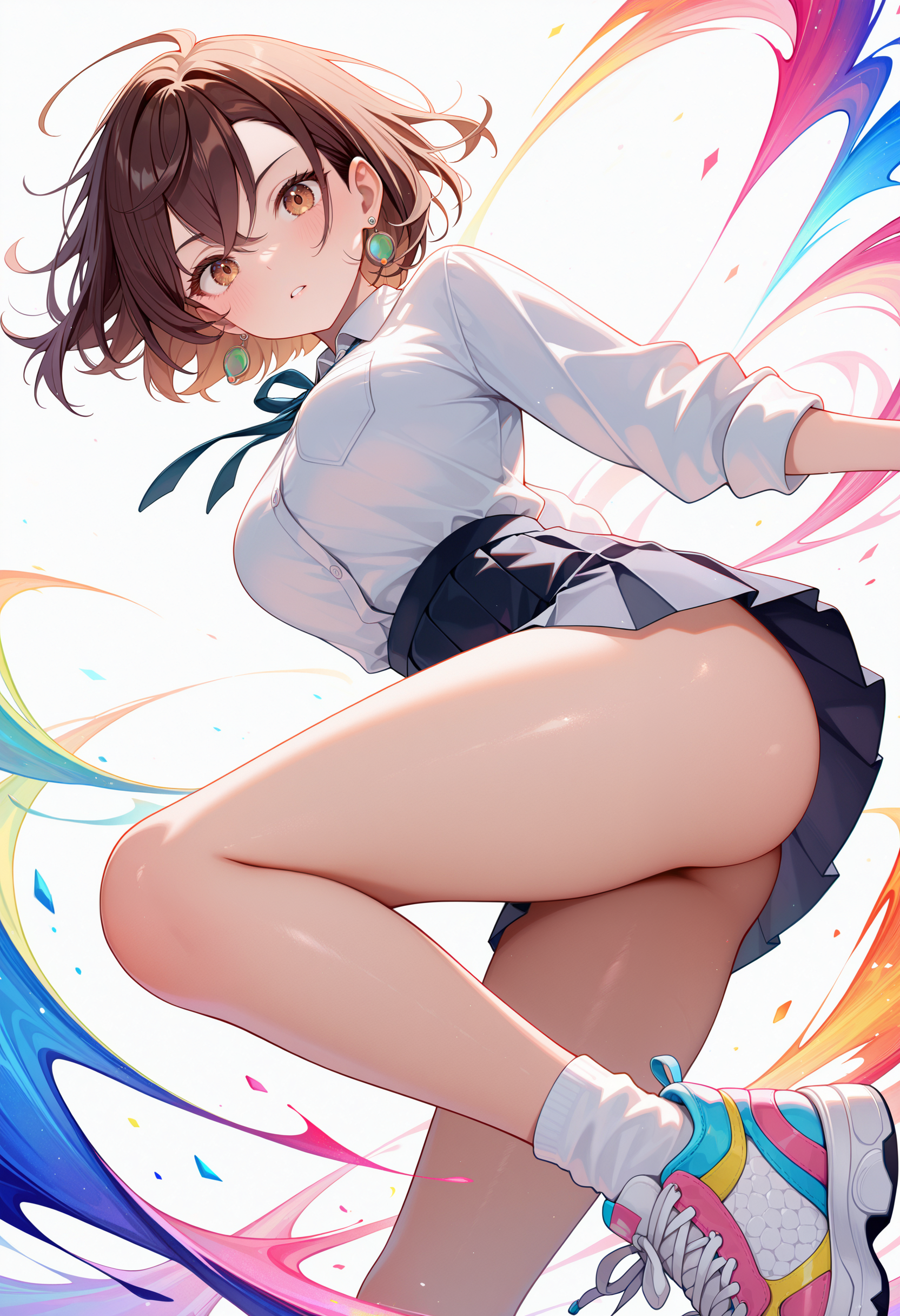 ai-generated, 1girl, brown eyes, brown hair, dynamic pose, earrings, jewelry, school uniform, shirt, shoes, socks, upskirt, white shirt