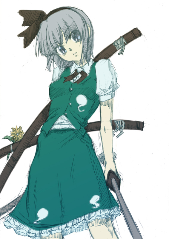honda kikyou, konpaku youmu, touhou, 1girl, blue eyes, female focus, flower, hairband, katana, plant, short hair, skirt, solo, sword, weapon, white background