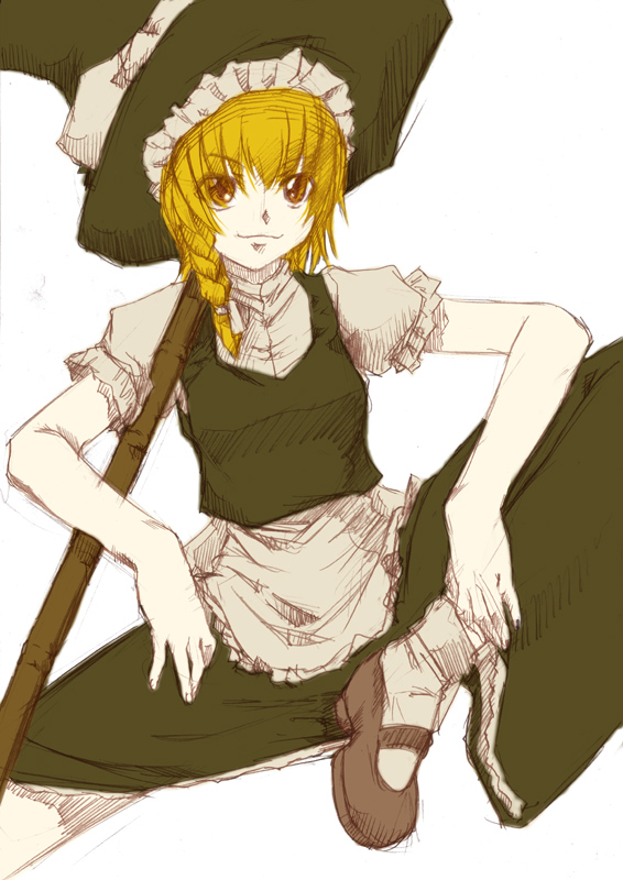 honda kikyou, kirisame marisa, touhou, 1girl, blonde hair, braid, broom, female focus, hat, simple background, skirt, solo, white background, witch, witch hat, yellow eyes